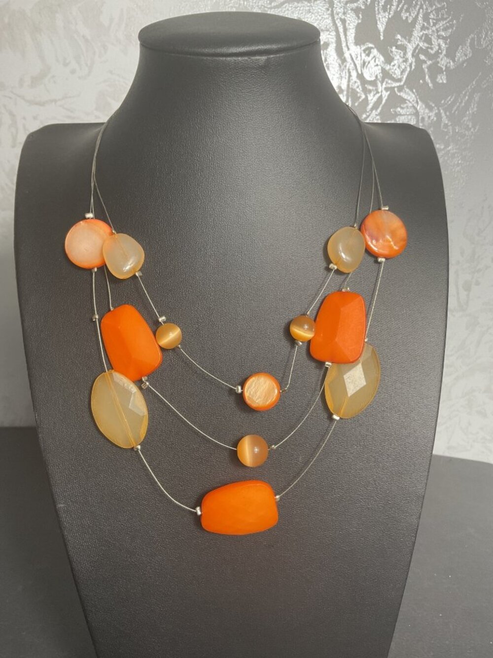 Y2K Orange Floating Illusion Necklace Boho Mixed Resin Bead Multi Strand 3 Tier